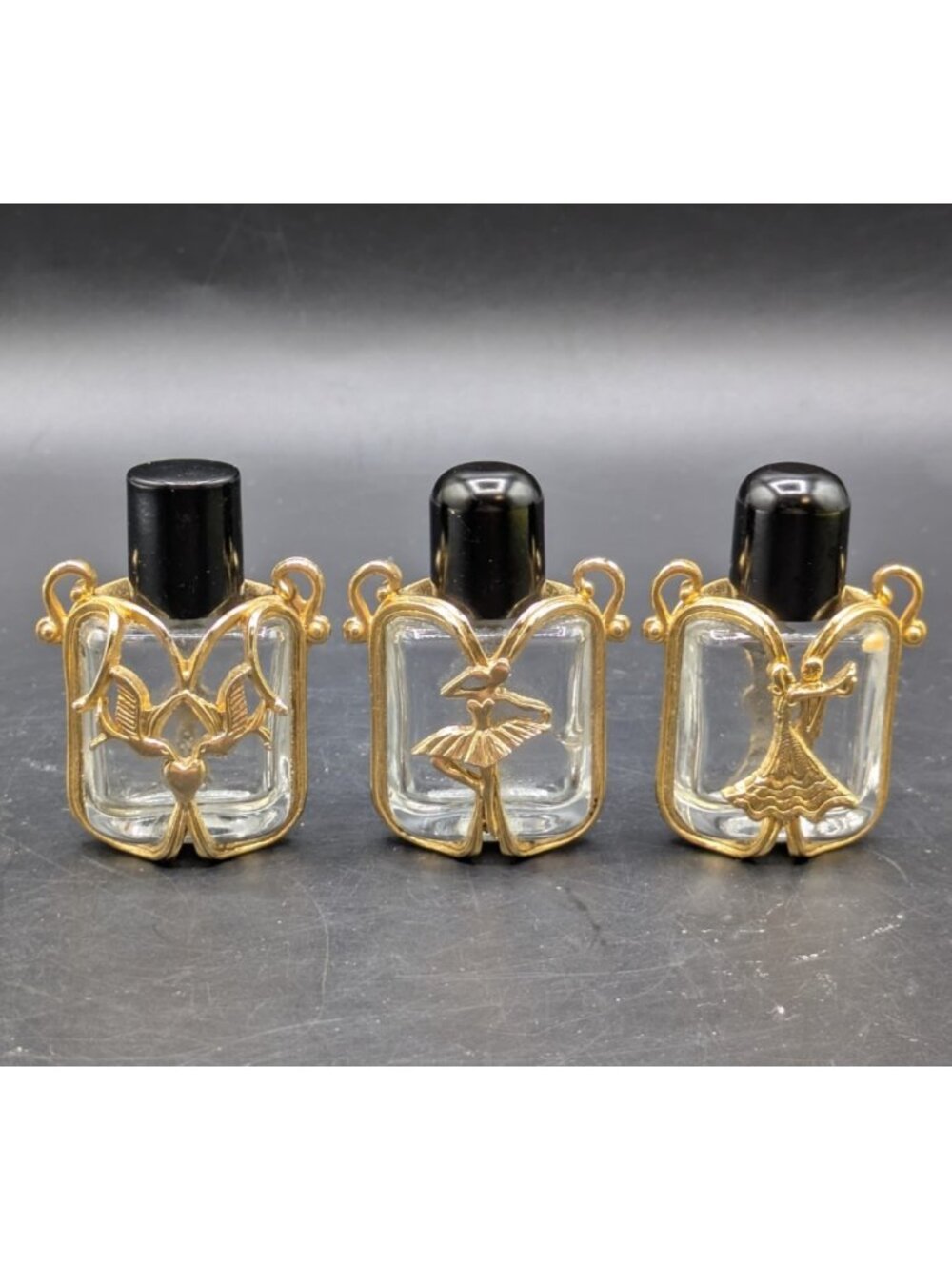 Vtg Signed L Razza Glass and Gold Tone Mini Perfume Bottle Pendants Set of 3